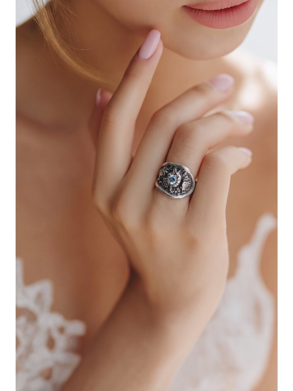 Oneida Reliance Plate Spoon Ring | Aquamarine Stone | Size 8 | Alma Antigua - Picture 6 of 15